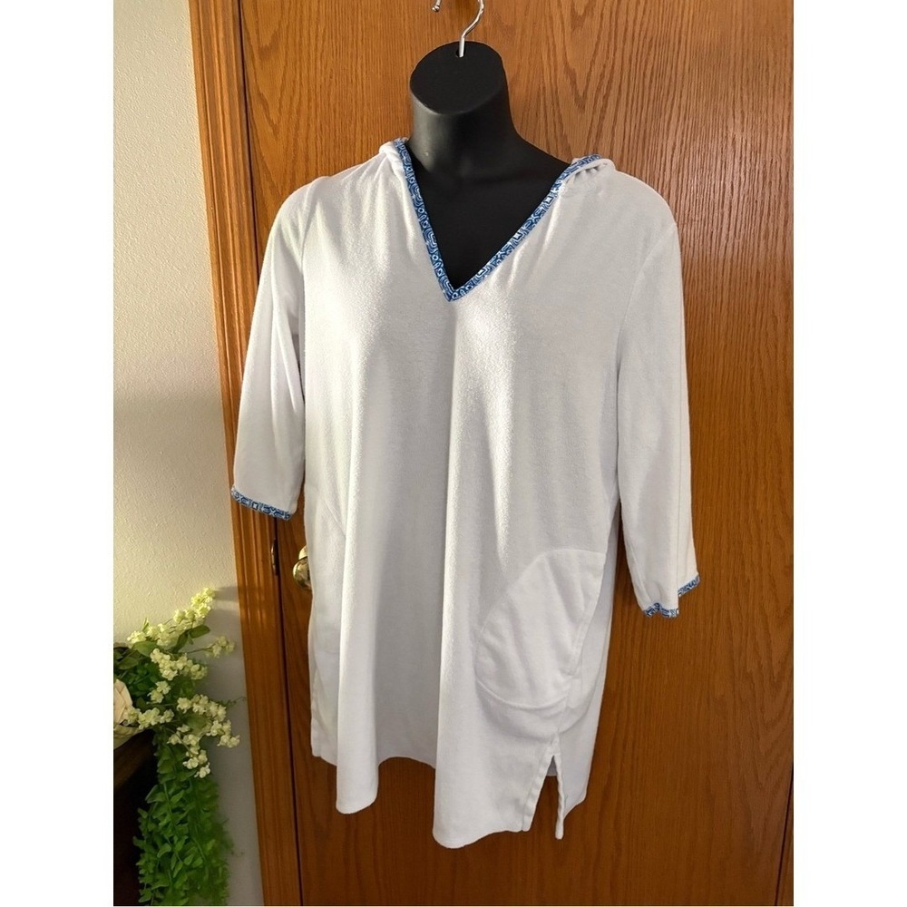 Lands' End White V-Neck Hooded Tunic with Blue Trim